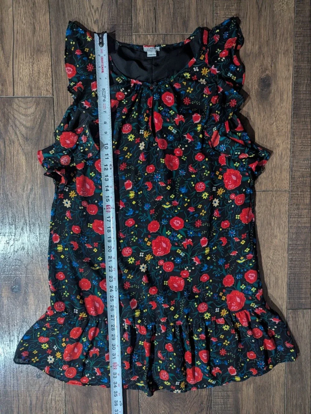 J Crew Black w/ Vibrant Red & Yellow Floral Print Flutter Mini Ruffle Dress Sz S